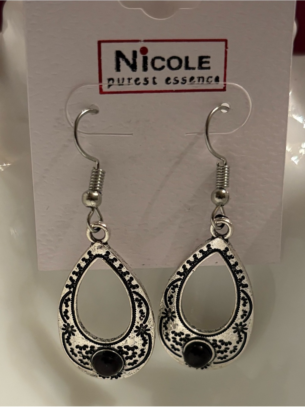 Nicole Silver Teardrop Earrings with Black Accent Stone